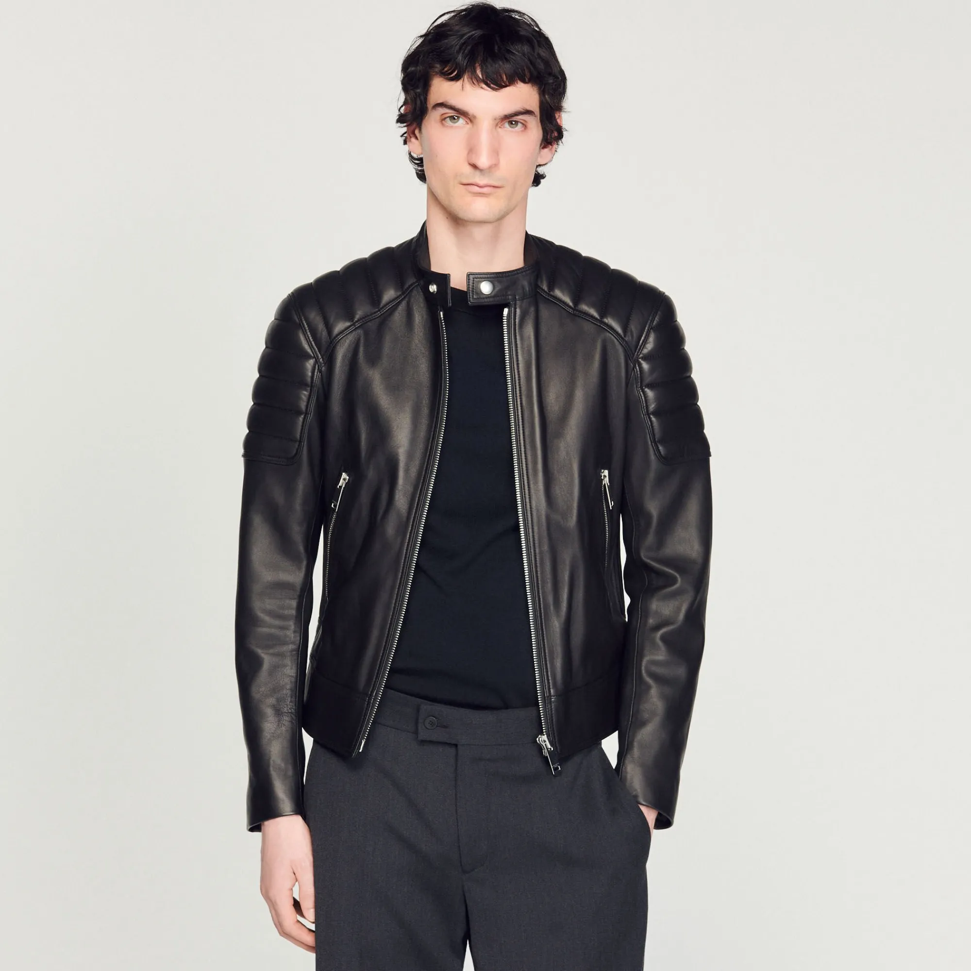 Cuirs|Manteaux & Blousons*SANDRO Blouson En Cuir Finitions Matelassées Noir