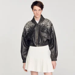 Blousons & Vestes*SANDRO Blouson En Cuir Orné De Cristaux Gris Foncé