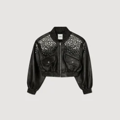Blousons & Vestes*SANDRO Blouson En Cuir Orné De Cristaux Gris Foncé
