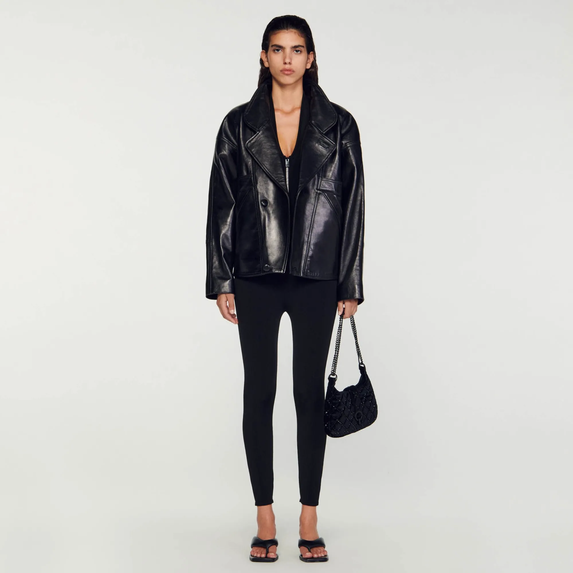 Manteaux|Blousons & Vestes*SANDRO Blouson En Cuir Oversize Noir