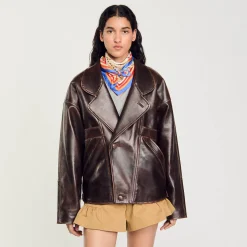 Blousons & Vestes*SANDRO Blouson En Cuir Oversize Marron