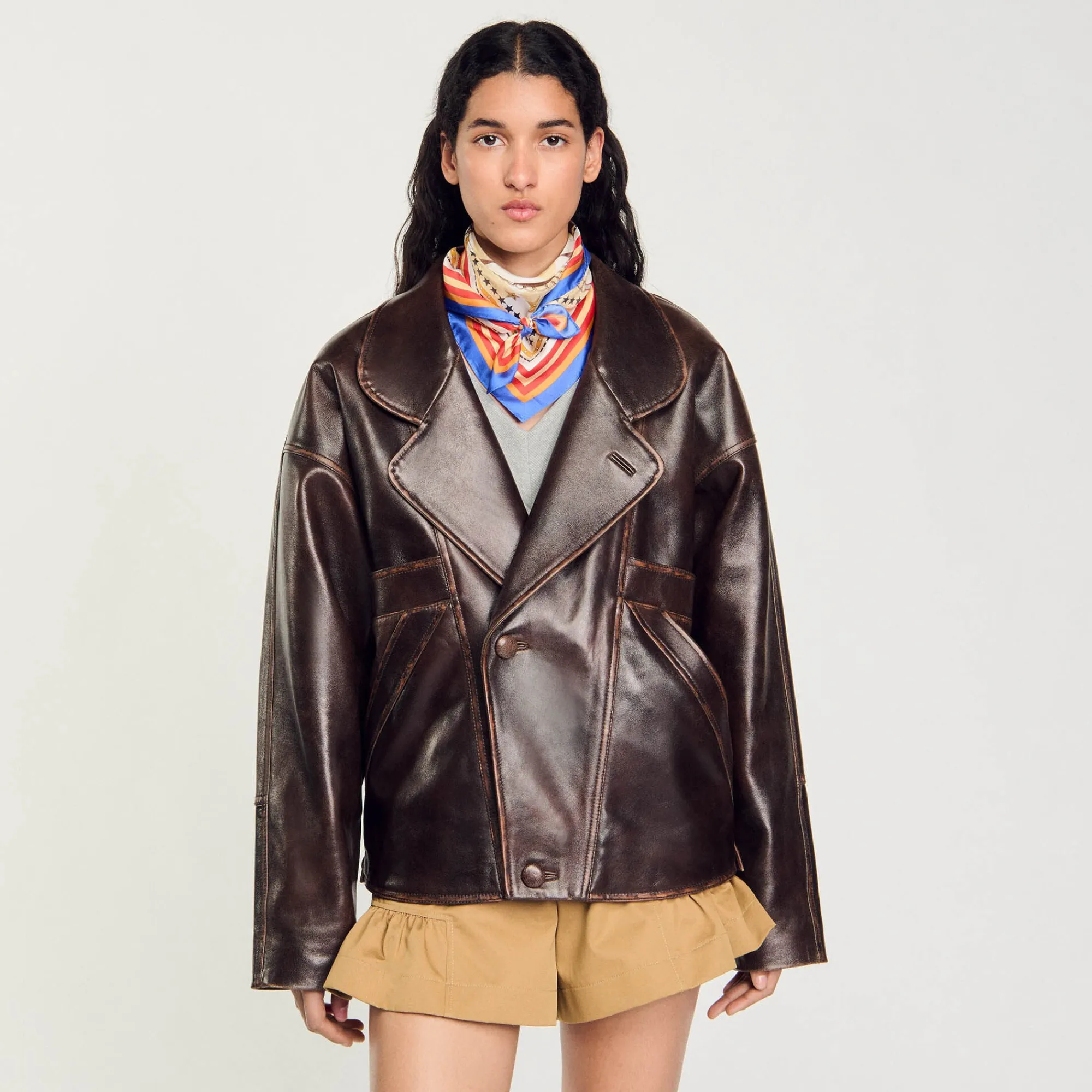 Blousons & Vestes*SANDRO Blouson En Cuir Oversize Marron