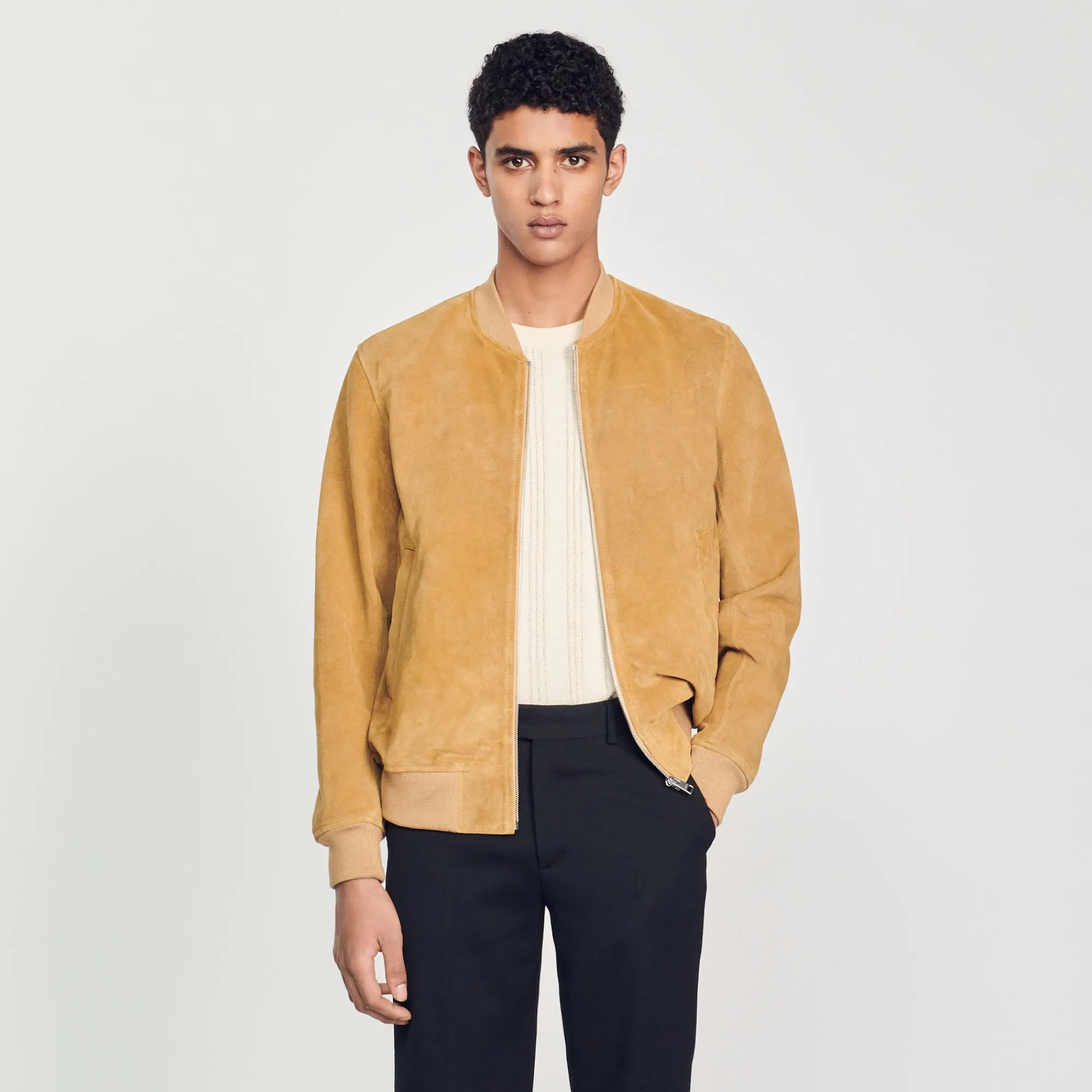 Cuirs|Manteaux & Blousons*SANDRO Blouson En Cuir Suédé Beige