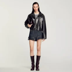 Blousons & Vestes*SANDRO Blouson En Cuir Vieilli Noir