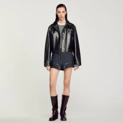 Blousons & Vestes*SANDRO Blouson En Cuir Vieilli Noir