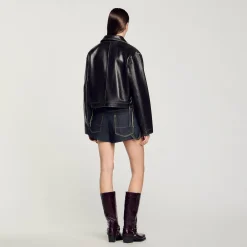 Blousons & Vestes*SANDRO Blouson En Cuir Vieilli Noir