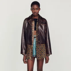 Blousons & Vestes*SANDRO Blouson En Cuir Vieilli Marron Foncé
