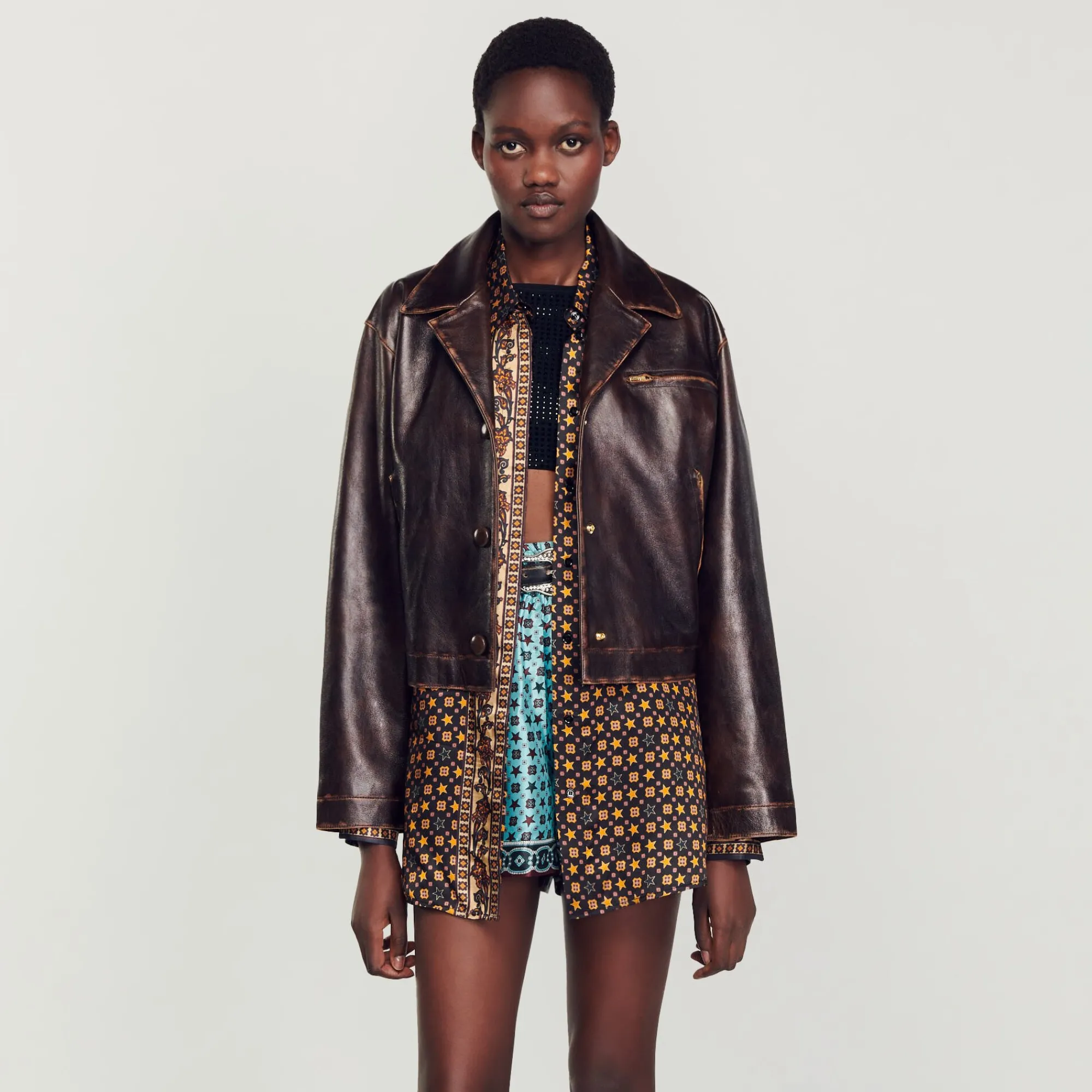 Blousons & Vestes*SANDRO Blouson En Cuir Vieilli Marron Foncé