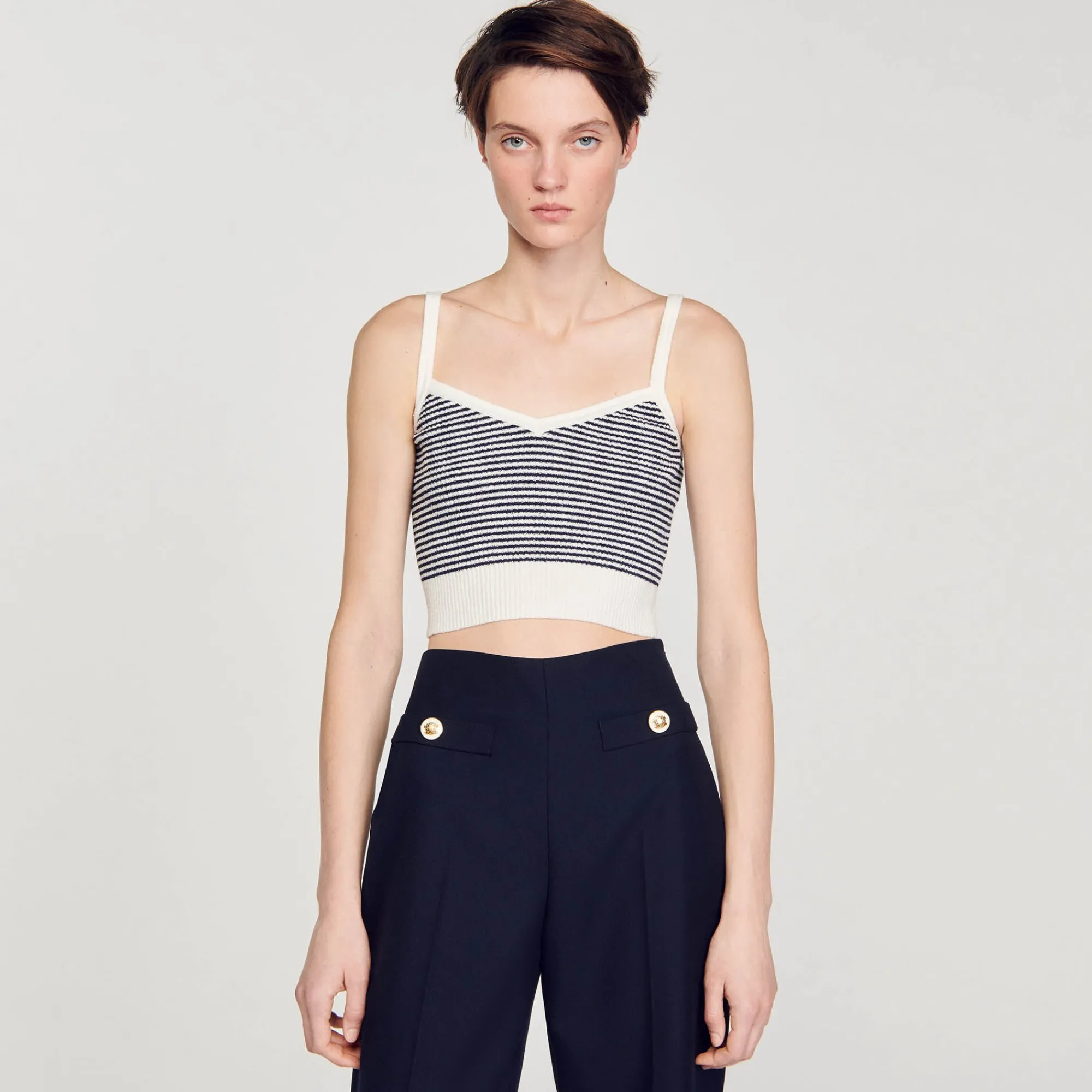 Ensembles|Pulls & Cardigans*SANDRO Brassière En Maille Rayée Ecru / Bleu