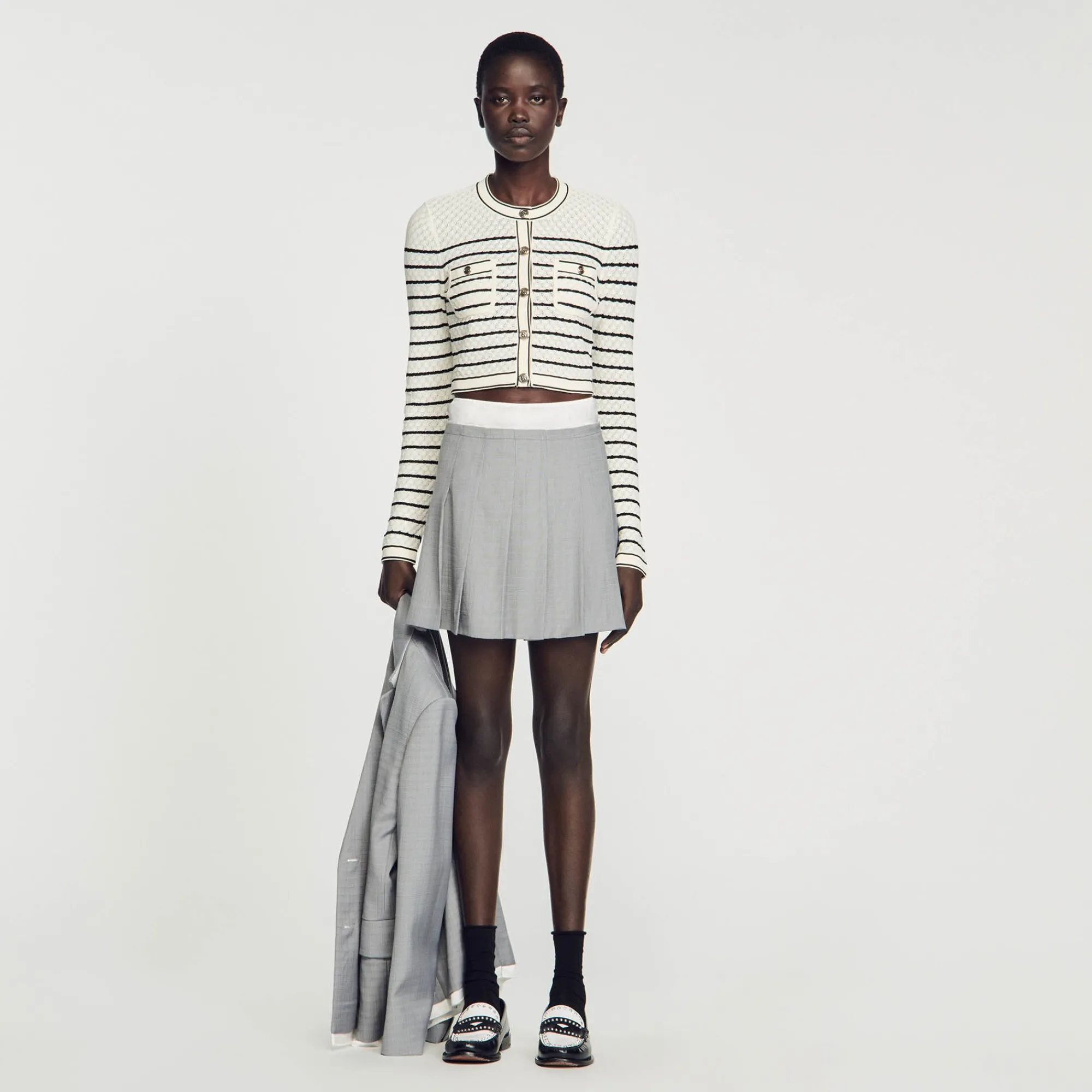 Ensembles|Pulls & Cardigans*SANDRO Cardicoat Court à Rayures Blanc / Noir