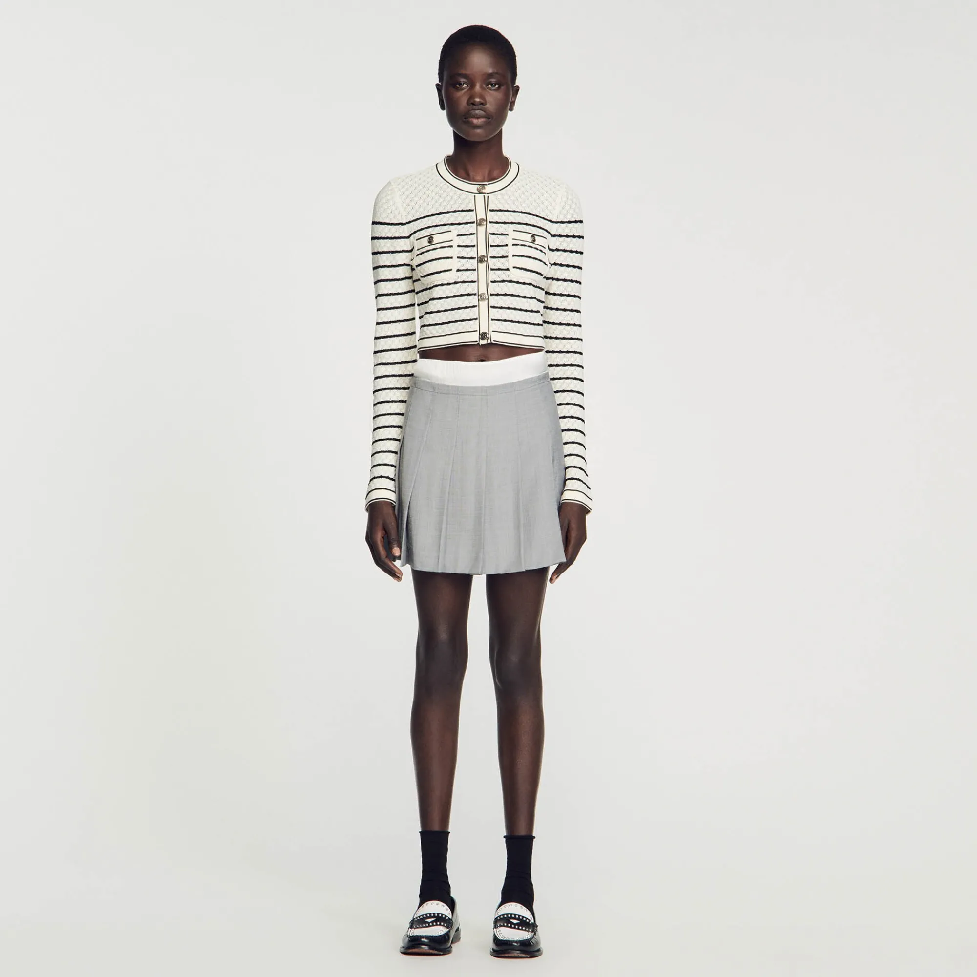 Ensembles|Pulls & Cardigans*SANDRO Cardicoat Court à Rayures Blanc / Noir