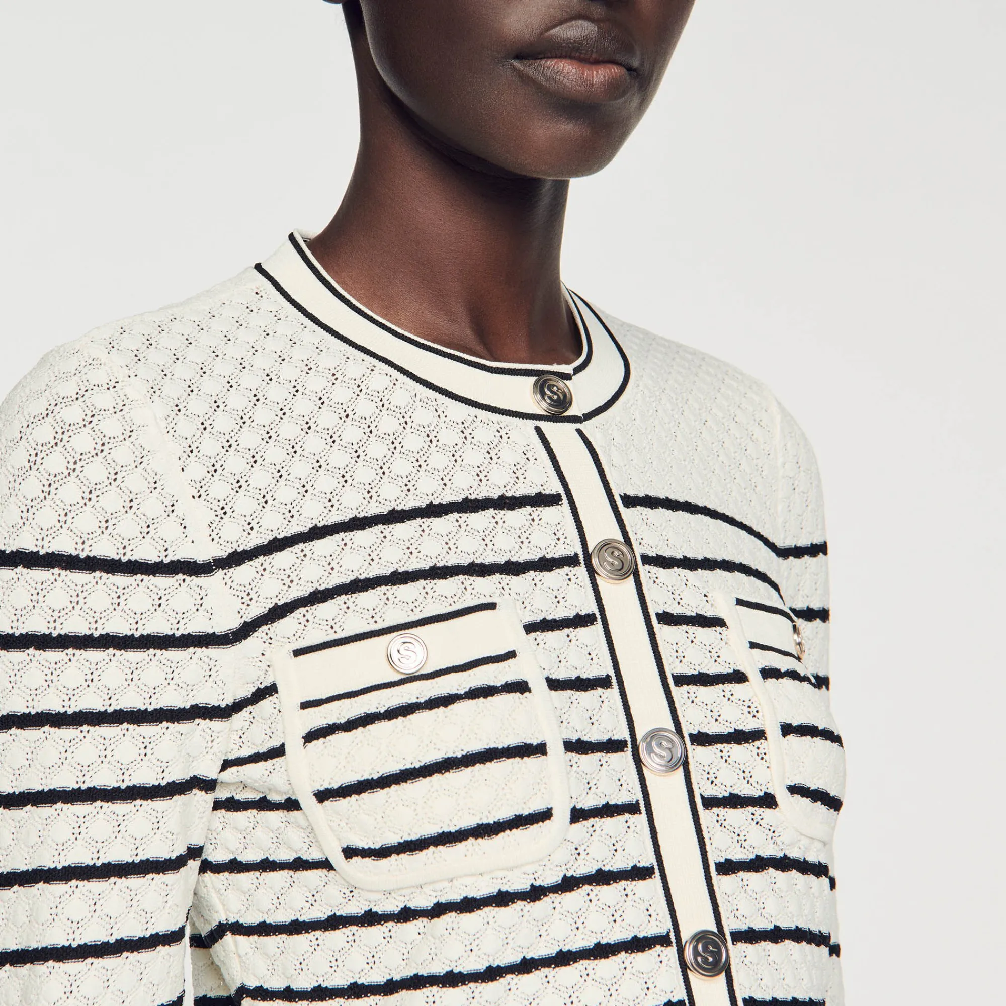 Ensembles|Pulls & Cardigans*SANDRO Cardicoat Court à Rayures Blanc / Noir