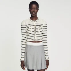 Ensembles|Pulls & Cardigans*SANDRO Cardicoat Court à Rayures Blanc / Noir