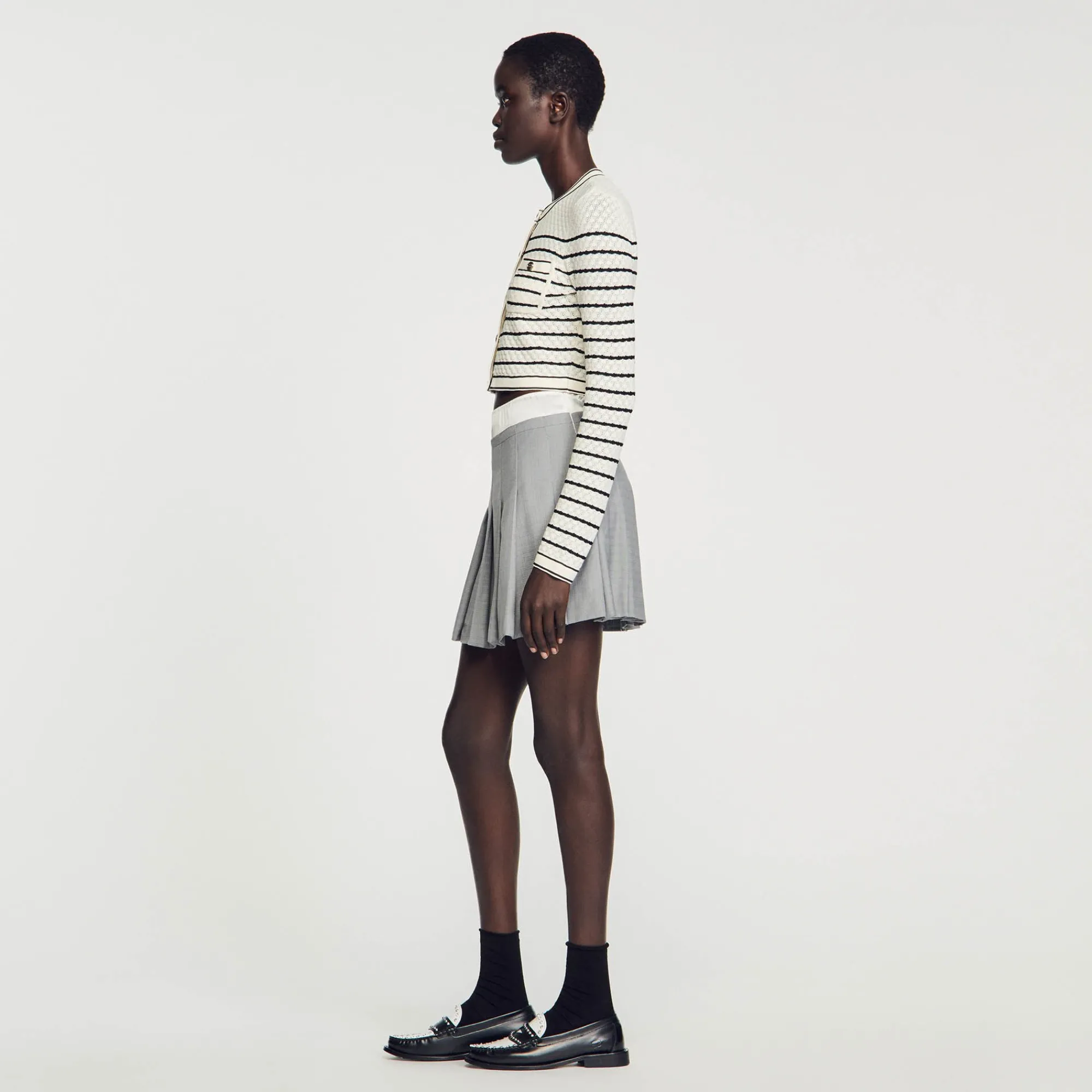 Ensembles|Pulls & Cardigans*SANDRO Cardicoat Court à Rayures Blanc / Noir