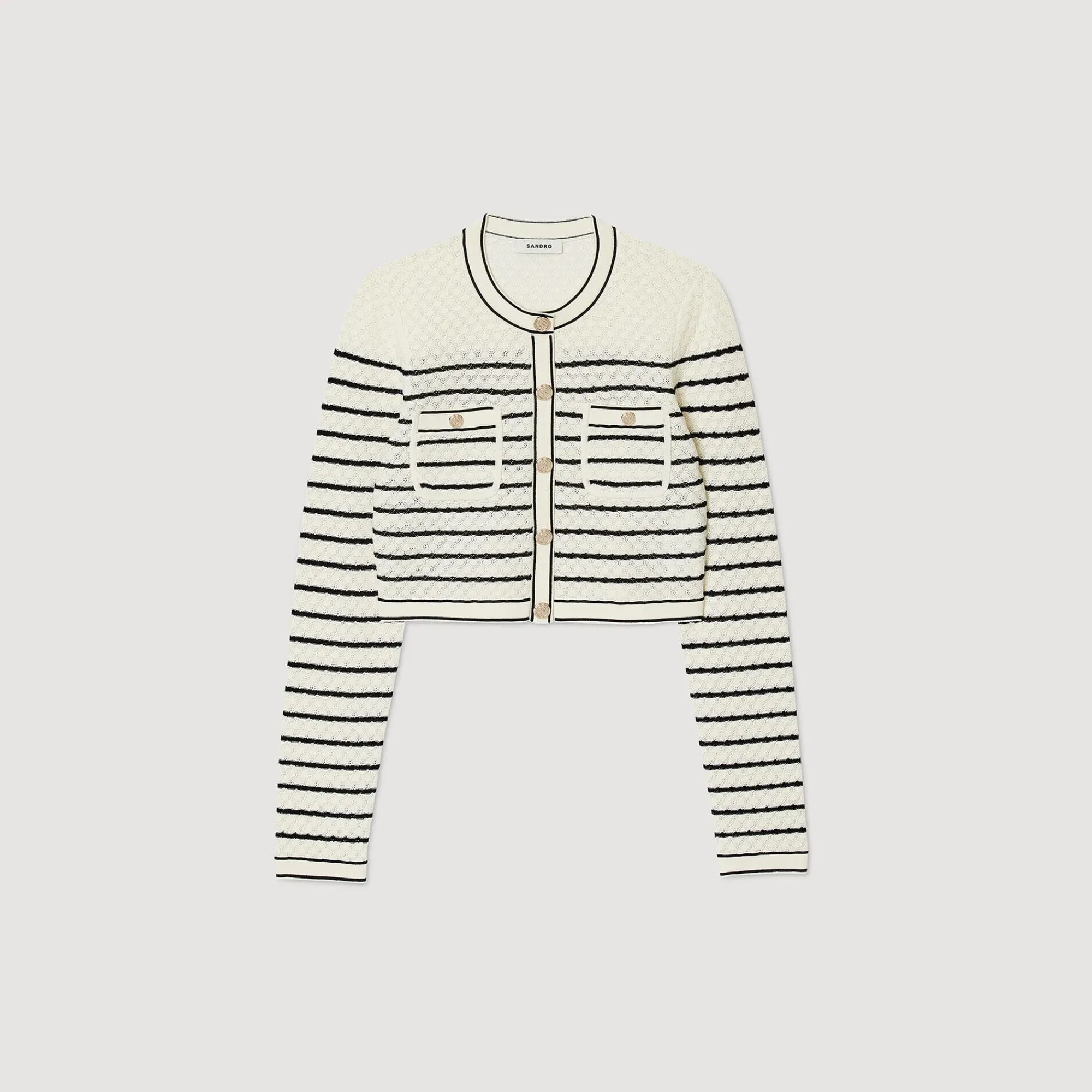 Ensembles|Pulls & Cardigans*SANDRO Cardicoat Court à Rayures Blanc / Noir