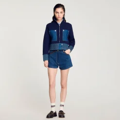 Pulls & Cardigans*SANDRO Cardicoat En Maille Et Denim Bleu