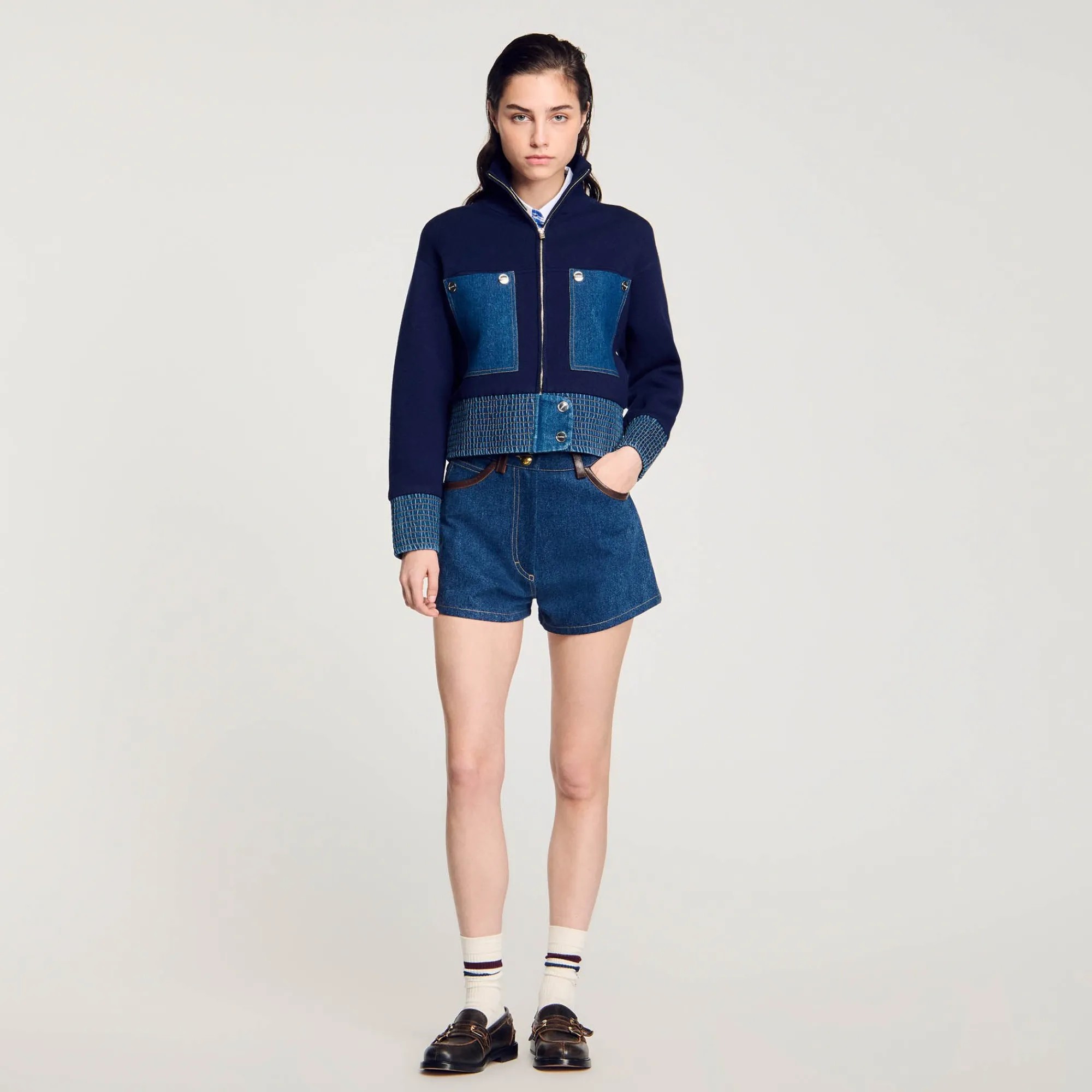Pulls & Cardigans*SANDRO Cardicoat En Maille Et Denim Bleu