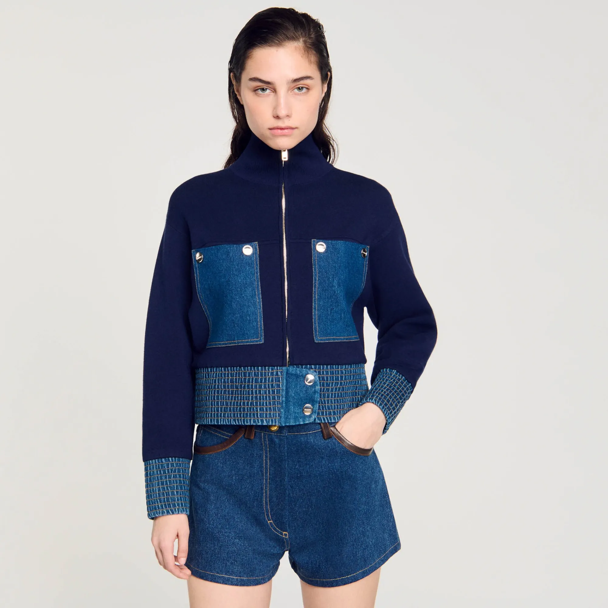Pulls & Cardigans*SANDRO Cardicoat En Maille Et Denim Bleu