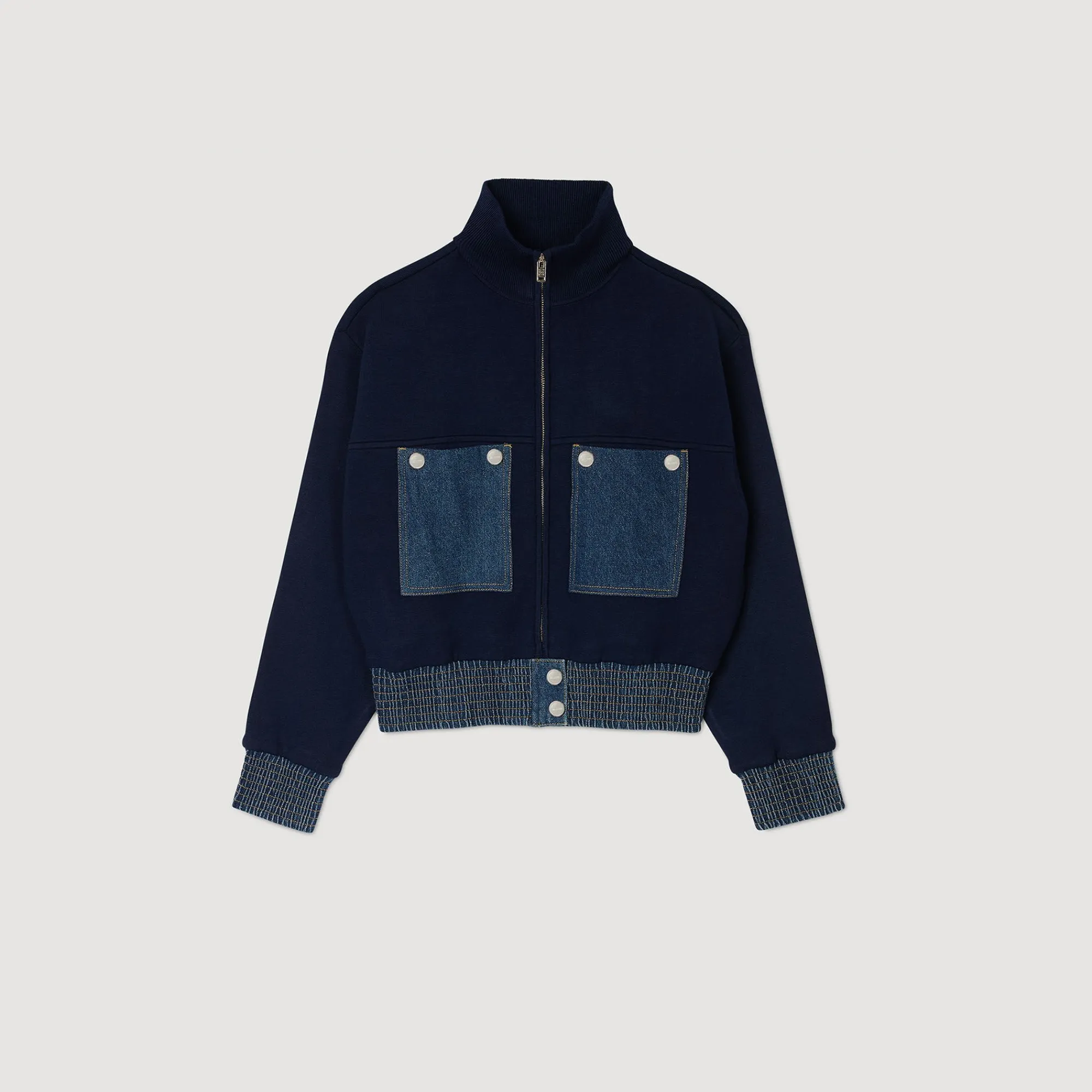 Pulls & Cardigans*SANDRO Cardicoat En Maille Et Denim Bleu