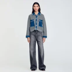 Pulls & Cardigans*SANDRO Cardicoat En Maille Et Jean Gris