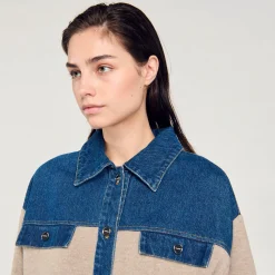 Pulls & Cardigans*SANDRO Cardicoat En Maille Et Jean Beige