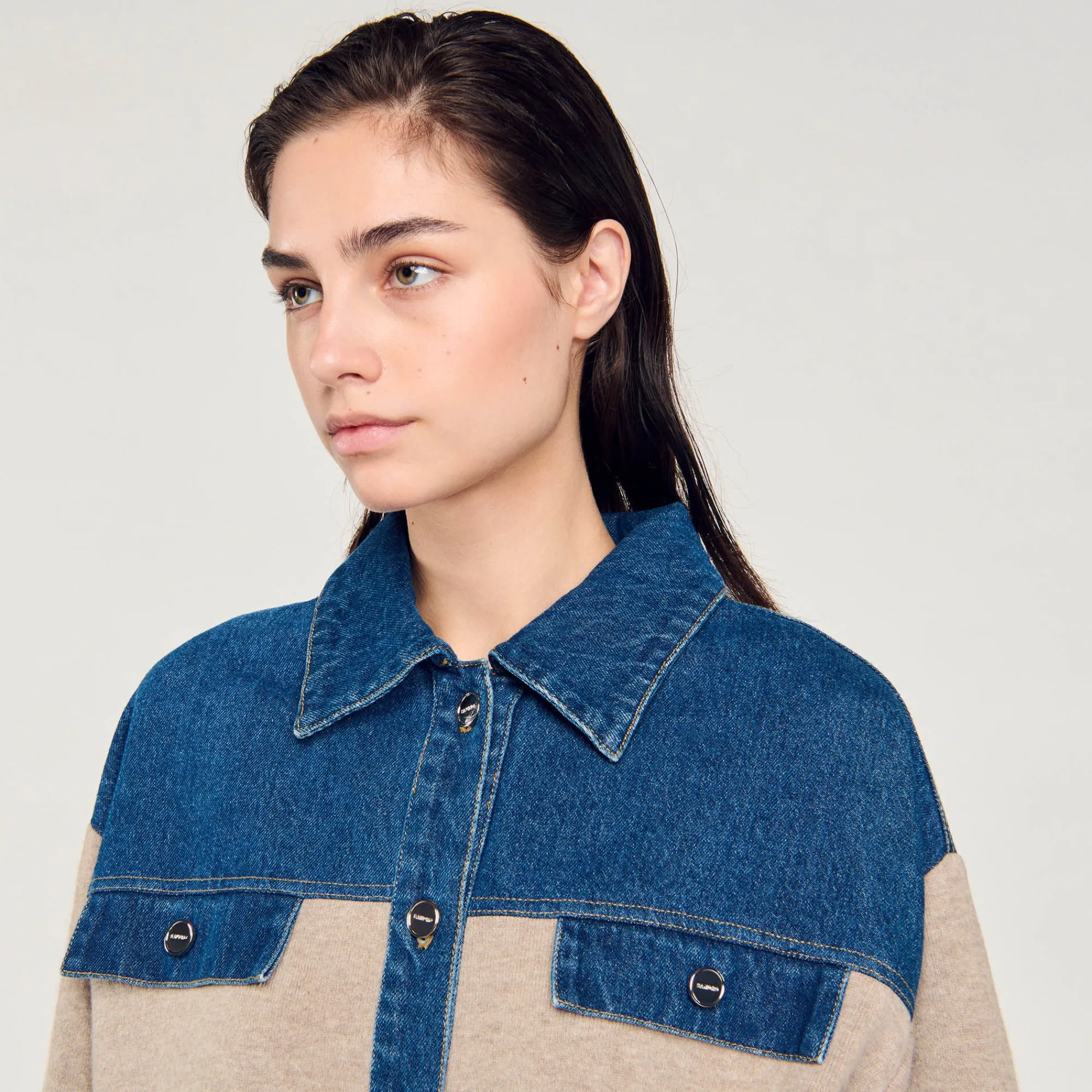 Pulls & Cardigans*SANDRO Cardicoat En Maille Et Jean Beige