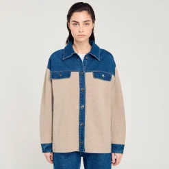 Pulls & Cardigans*SANDRO Cardicoat En Maille Et Jean Beige