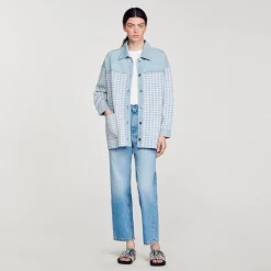 Pulls & Cardigans*SANDRO Cardicoat Pied-de-poule Bleu Ciel