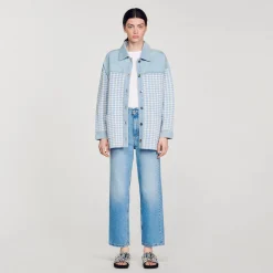 Pulls & Cardigans*SANDRO Cardicoat Pied-de-poule Bleu Ciel