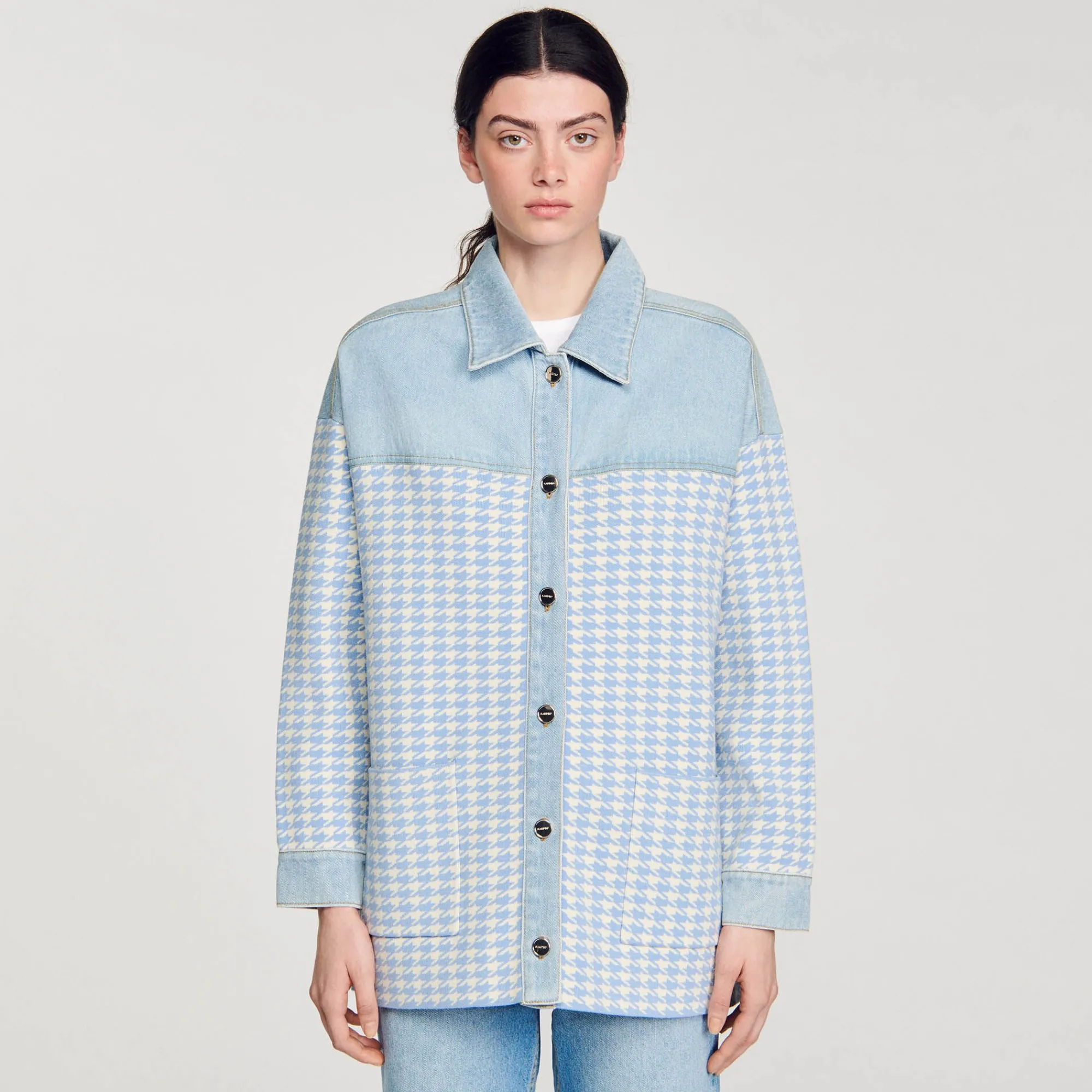 Pulls & Cardigans*SANDRO Cardicoat Pied-de-poule Bleu Ciel