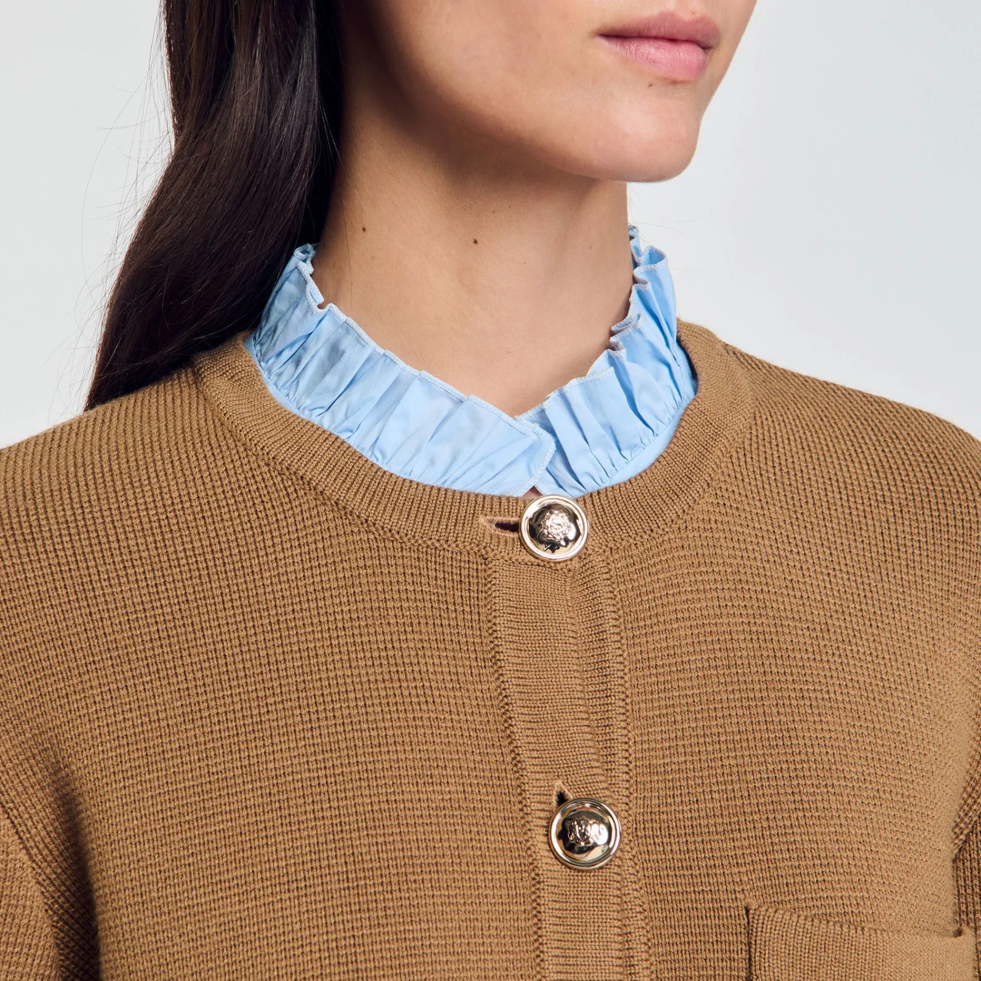 Pulls & Cardigans*SANDRO Cardigan à Col Volanté Amovible Camel