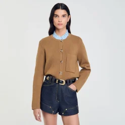 Pulls & Cardigans*SANDRO Cardigan à Col Volanté Amovible Camel
