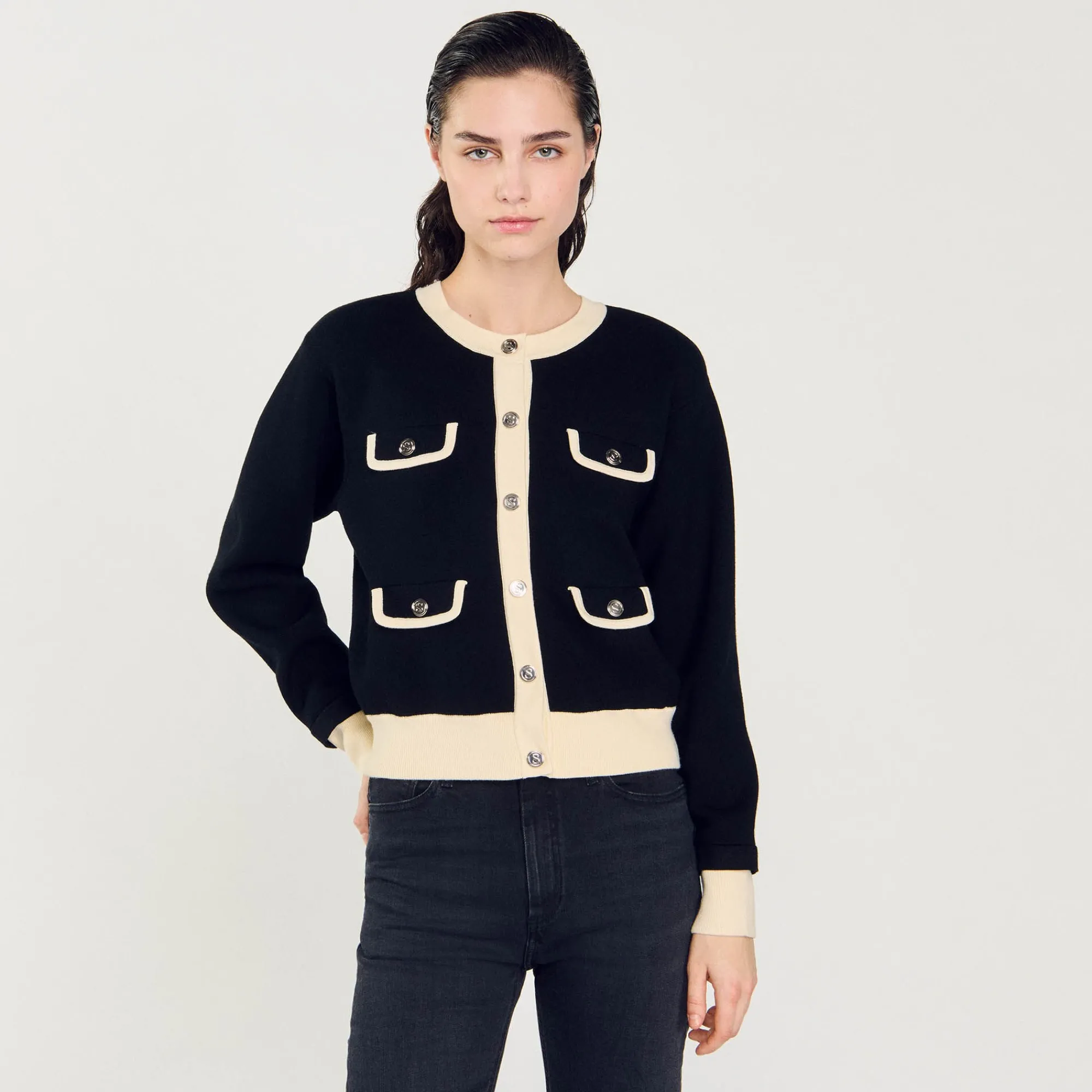 Pulls & Cardigans*SANDRO Cardigan Bicolore à Boutons Noir