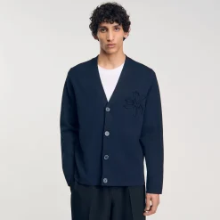 Pulls & Gilets*SANDRO Cardigan Détail Fleur Bleu Prusse