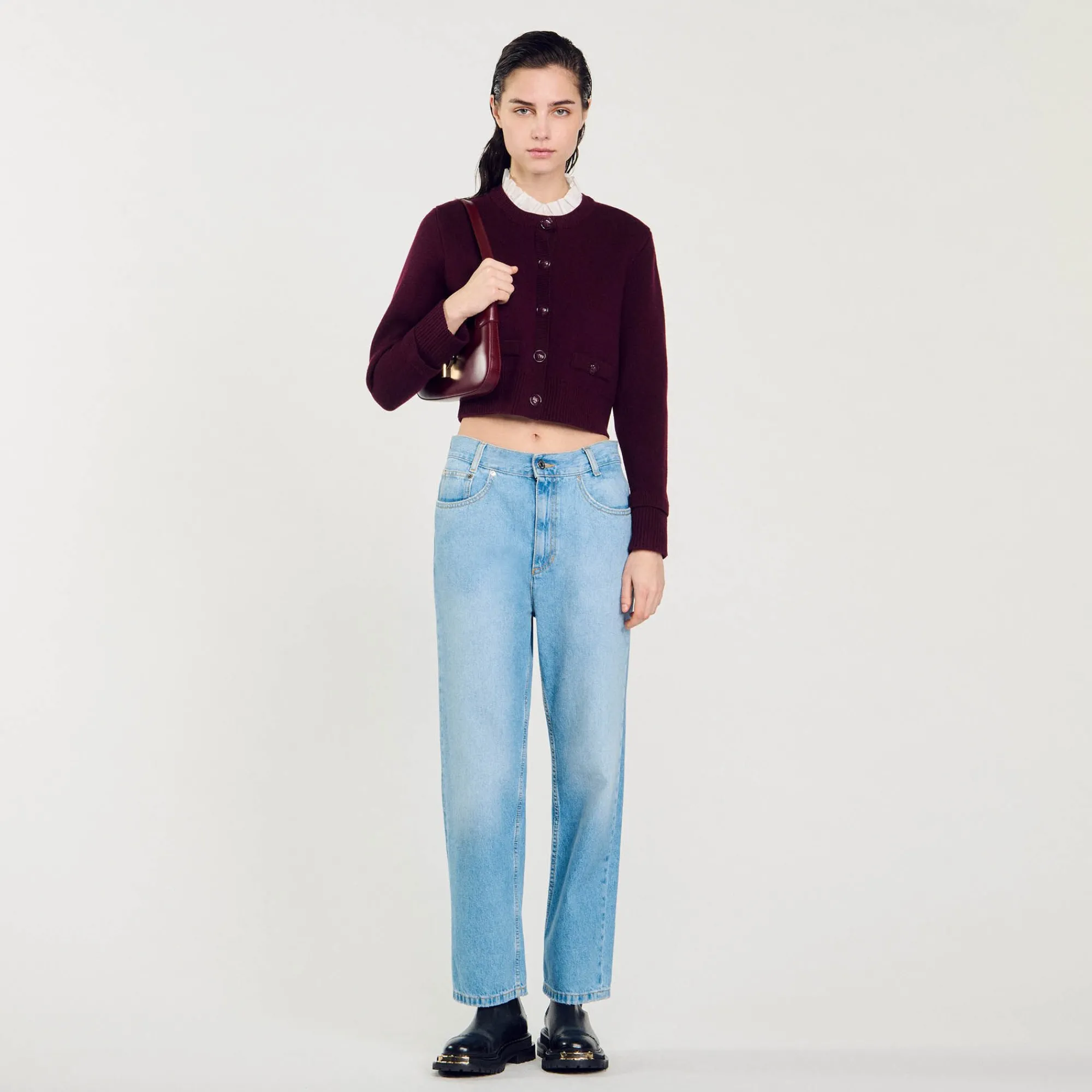 Pulls & Cardigans*SANDRO Cardigan En Maille à Col Amovible Bordeaux