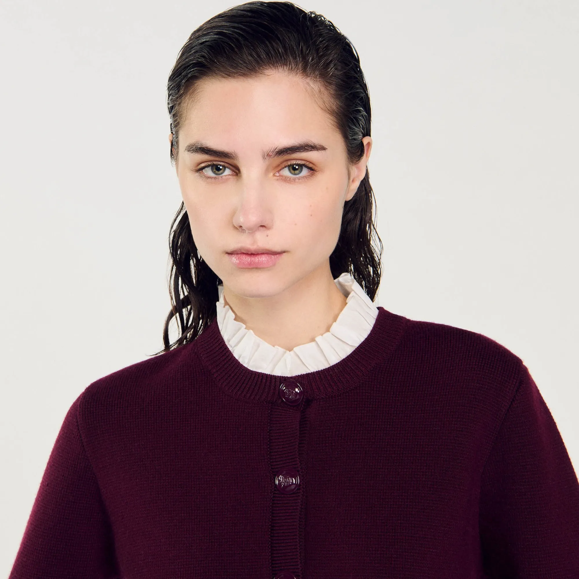 Pulls & Cardigans*SANDRO Cardigan En Maille à Col Amovible Bordeaux