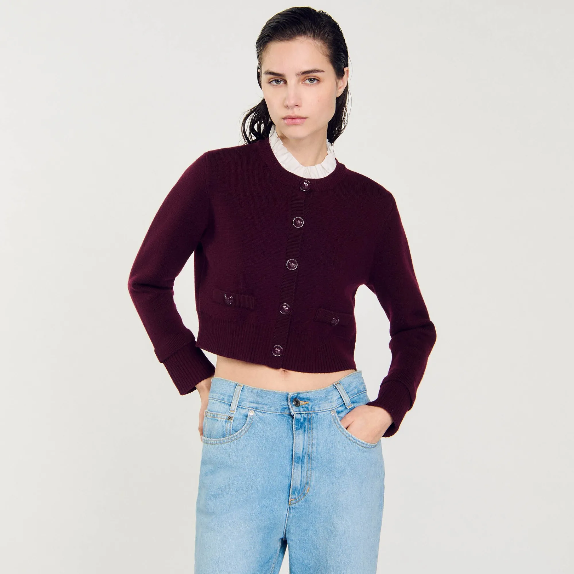 Pulls & Cardigans*SANDRO Cardigan En Maille à Col Amovible Bordeaux