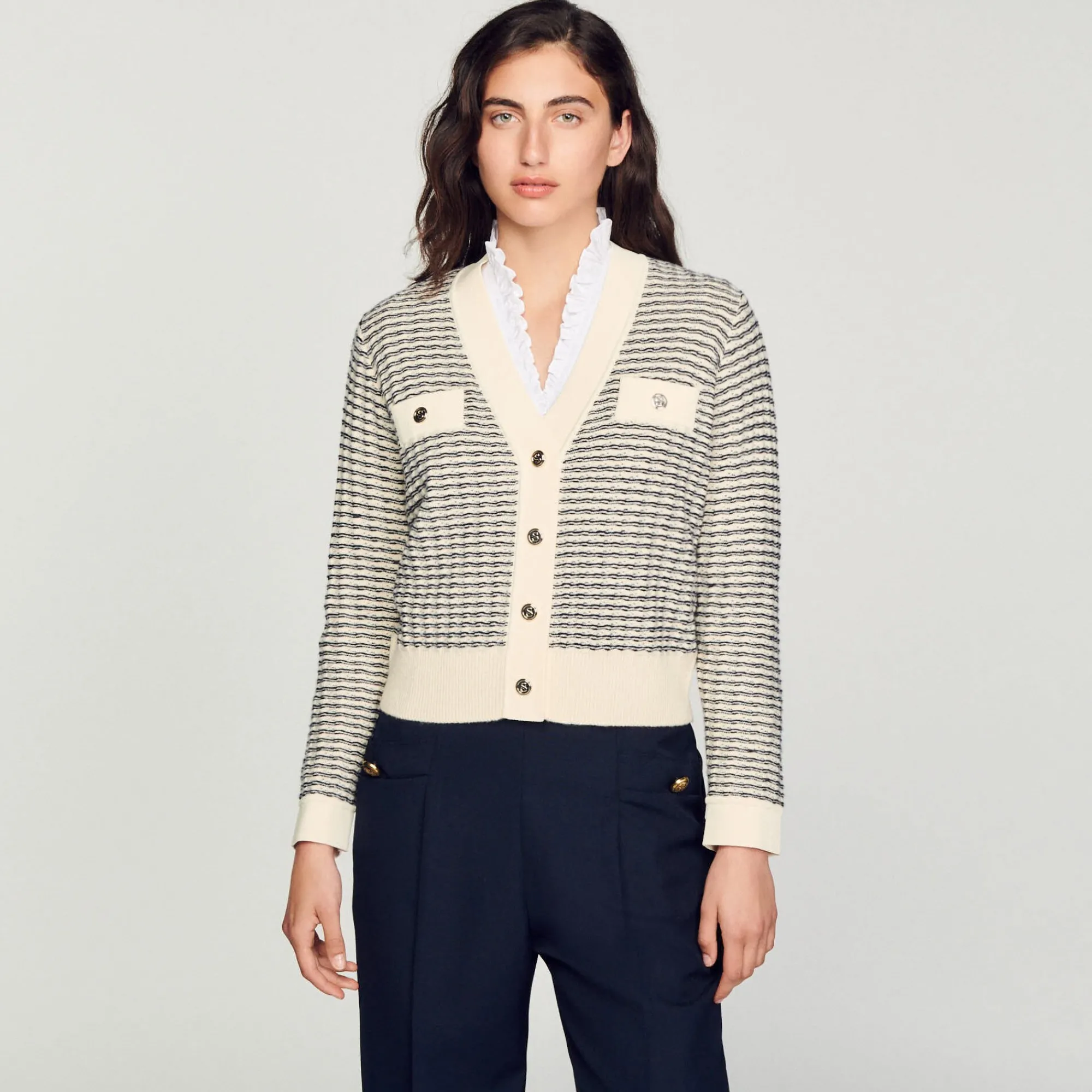 Pulls & Cardigans*SANDRO Cardigan En Maille à Rayures Ecru