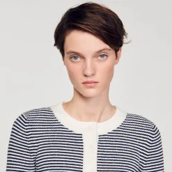Ensembles|Pulls & Cardigans*SANDRO Cardigan En Maille Bouclette Ecru / Bleu