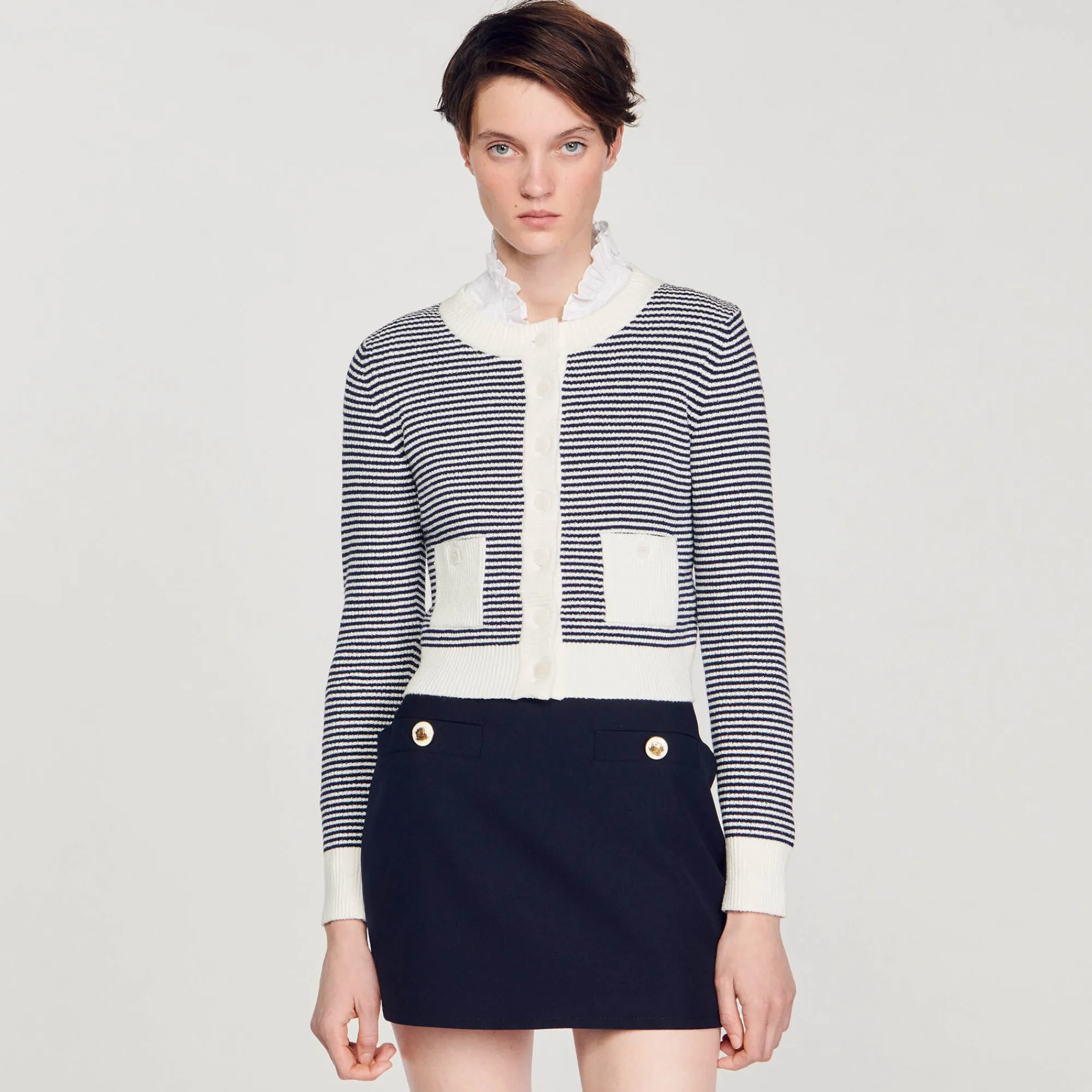 Ensembles|Pulls & Cardigans*SANDRO Cardigan En Maille Bouclette Ecru / Bleu
