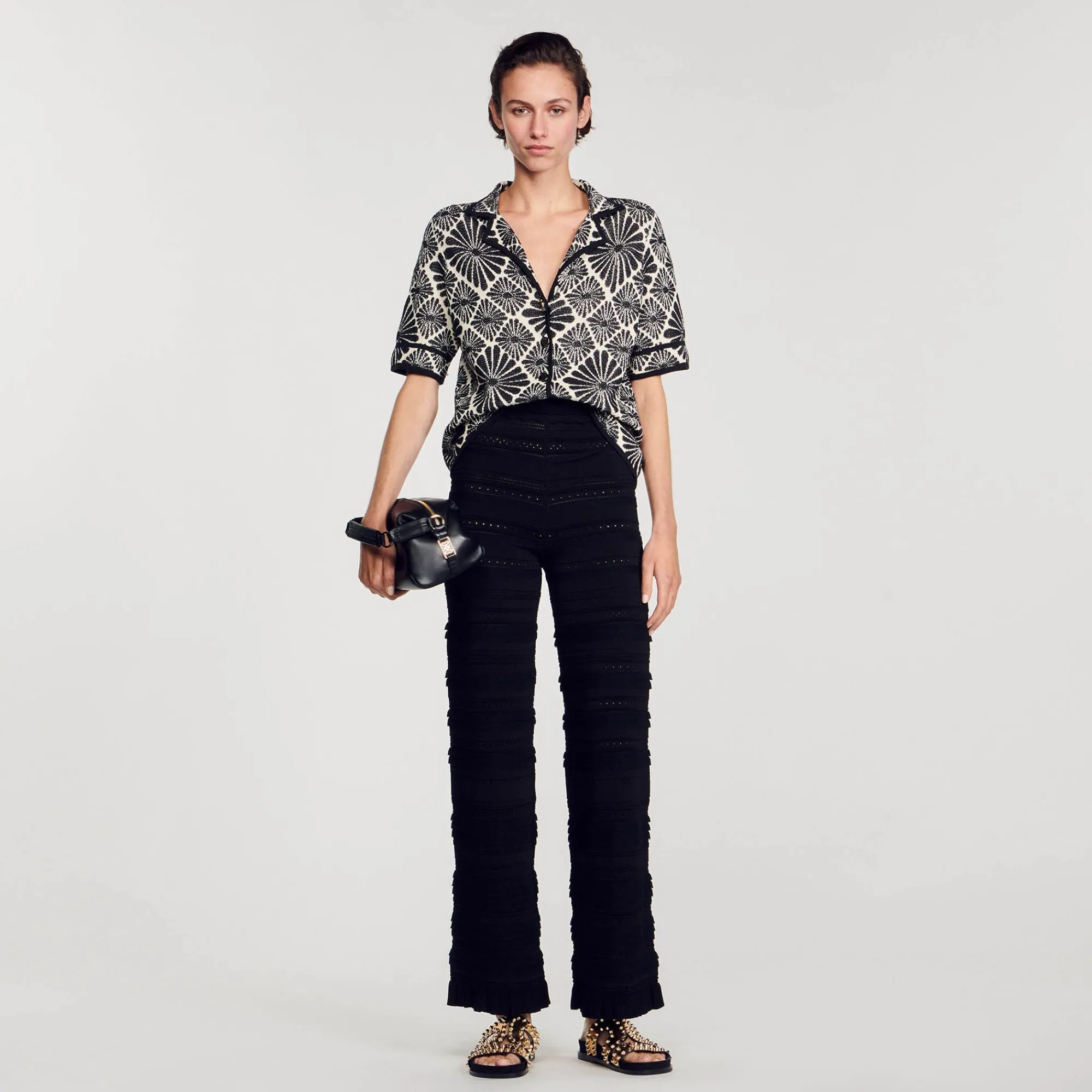 Ensembles|Pulls & Cardigans*SANDRO Cardigan Jacquard Fleurs Ecru / Noir