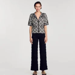 Ensembles|Pulls & Cardigans*SANDRO Cardigan Jacquard Fleurs Ecru / Noir