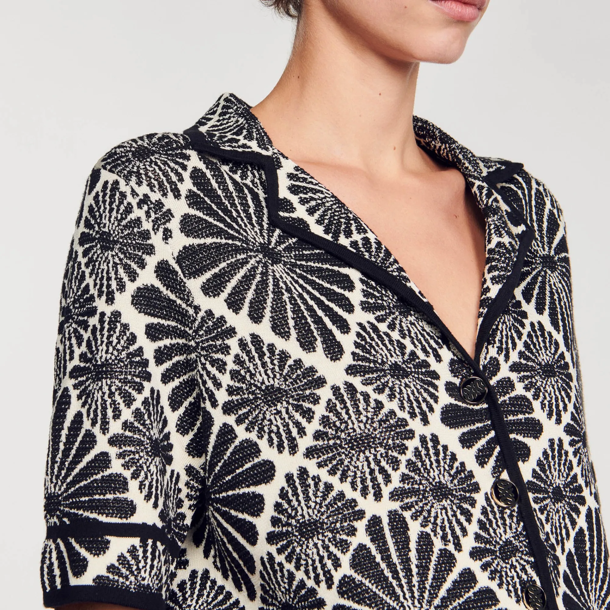 Ensembles|Pulls & Cardigans*SANDRO Cardigan Jacquard Fleurs Ecru / Noir