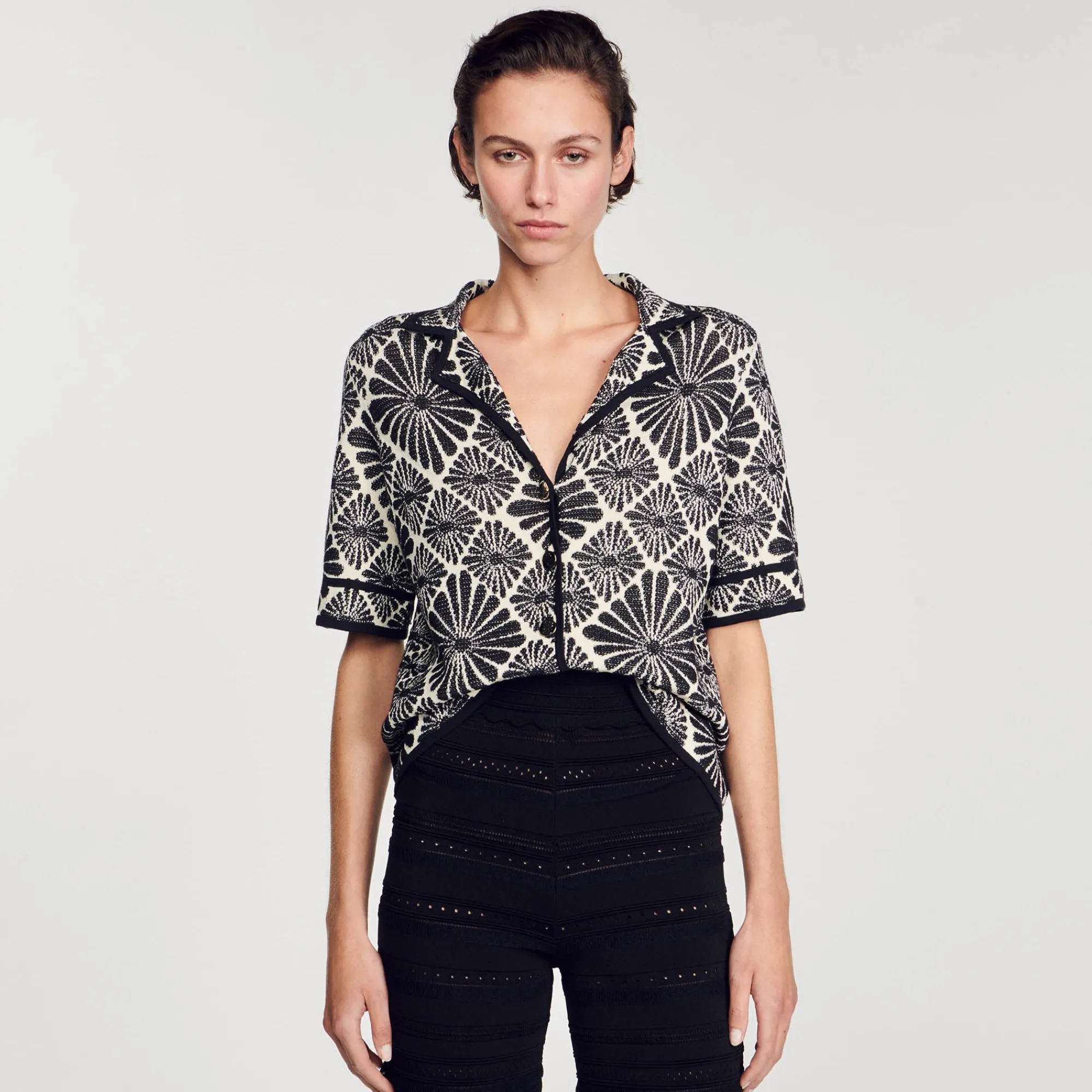Ensembles|Pulls & Cardigans*SANDRO Cardigan Jacquard Fleurs Ecru / Noir