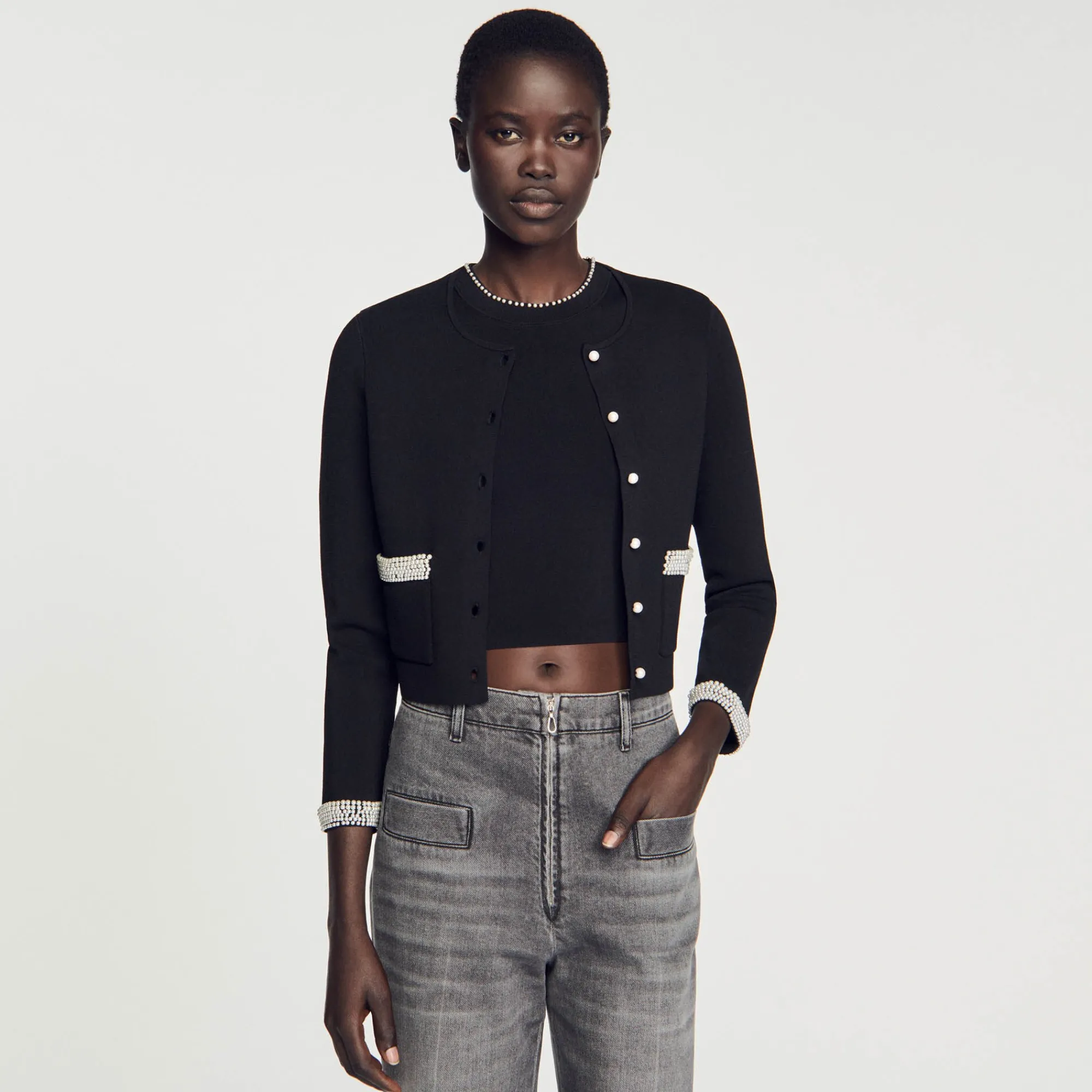 Ensembles|Pulls & Cardigans*SANDRO Cardigan Orné De Perles Noir