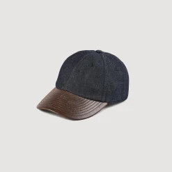 Casquettes & Bobs*SANDRO Casquette En Denim Et Cuir Bleu brut