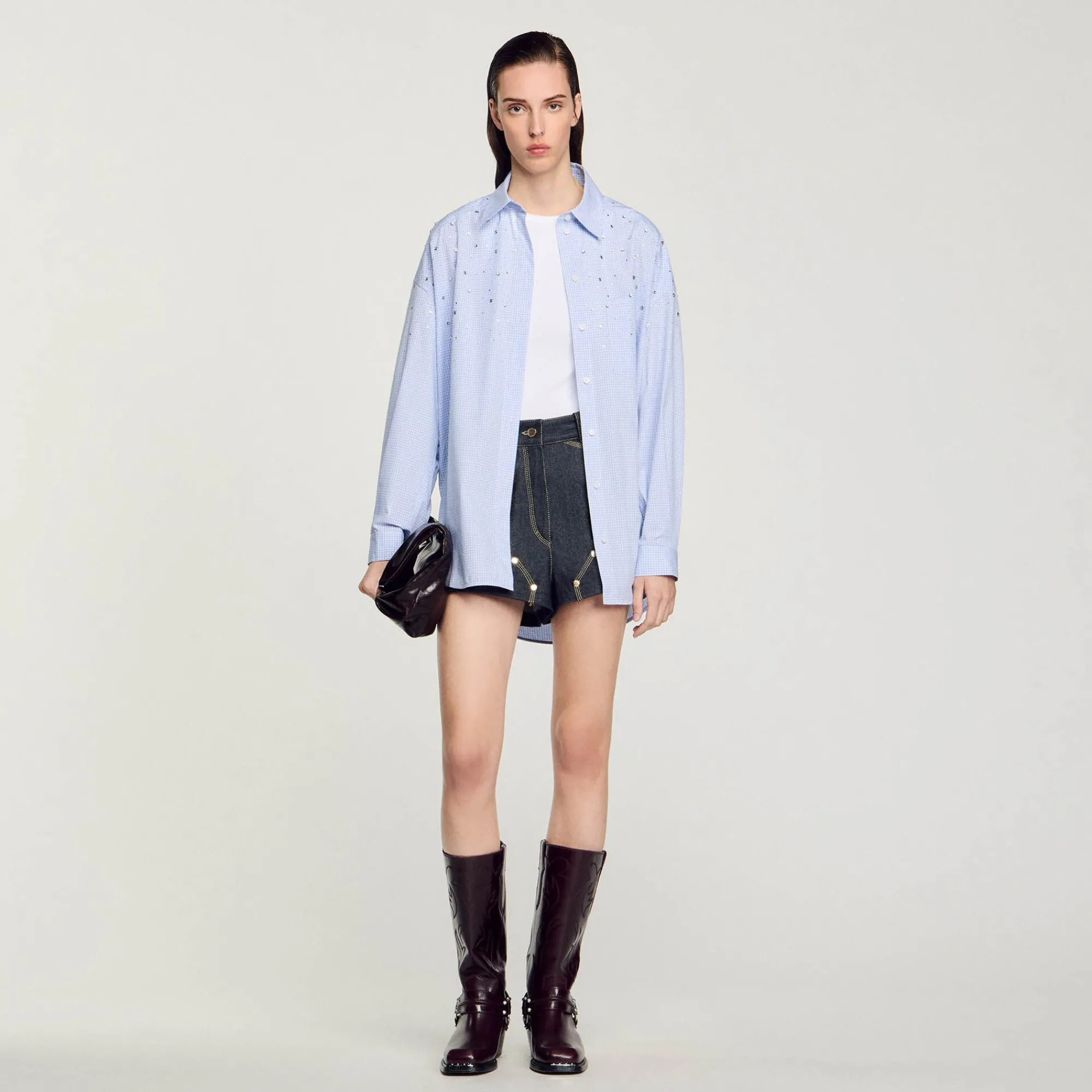 Tops & Chemises*SANDRO Chemise à Carreaux Ornée De Studs Bleu Ciel