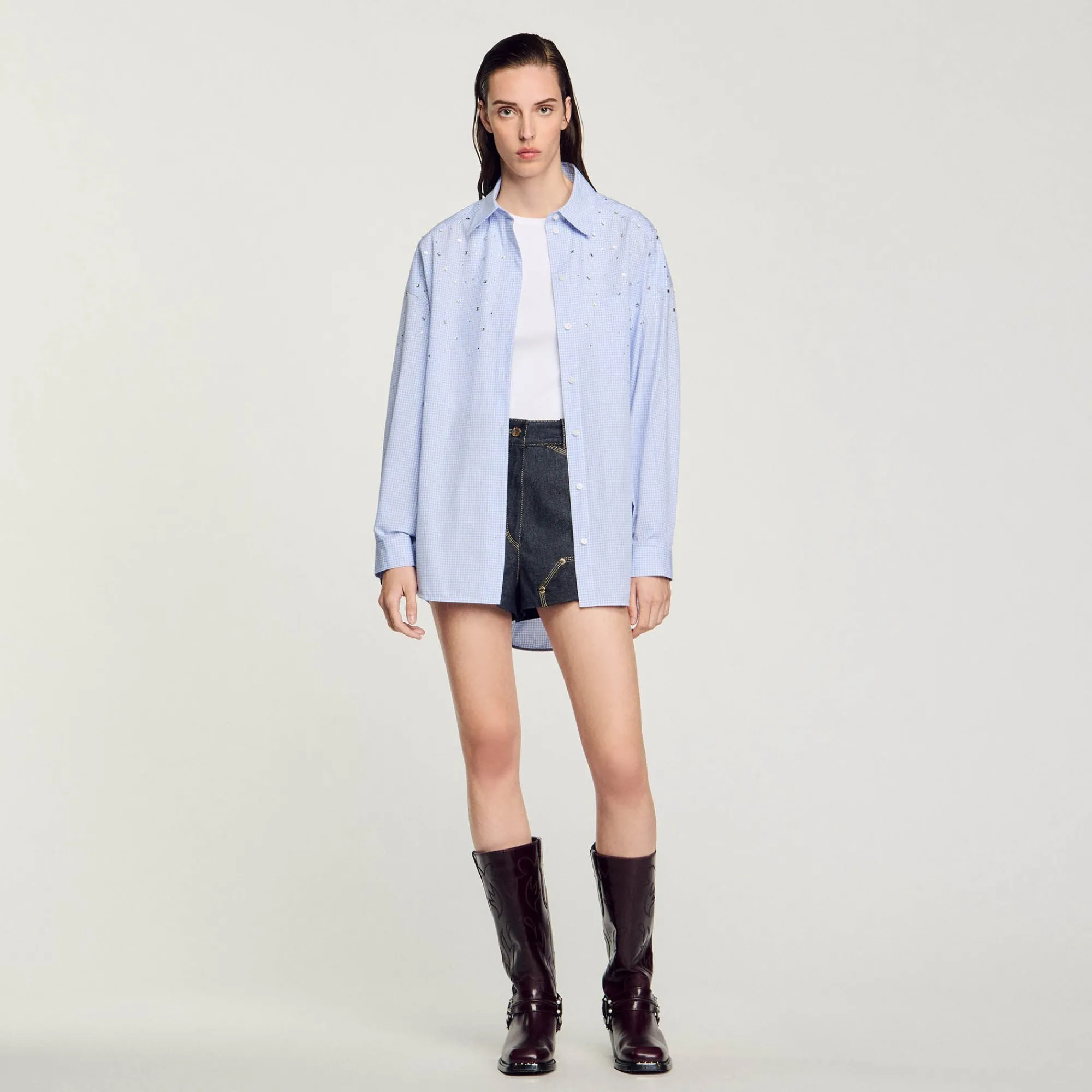 Tops & Chemises*SANDRO Chemise à Carreaux Ornée De Studs Bleu Ciel