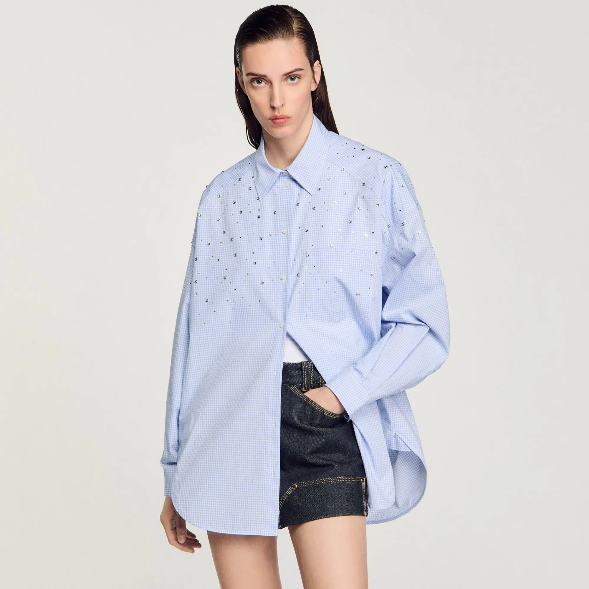 Tops & Chemises*SANDRO Chemise à Carreaux Ornée De Studs Bleu Ciel