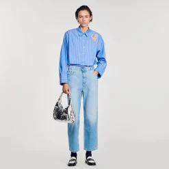Tops & Chemises*SANDRO Chemise à Rayures Et Cœur Strassé Bleu Ciel